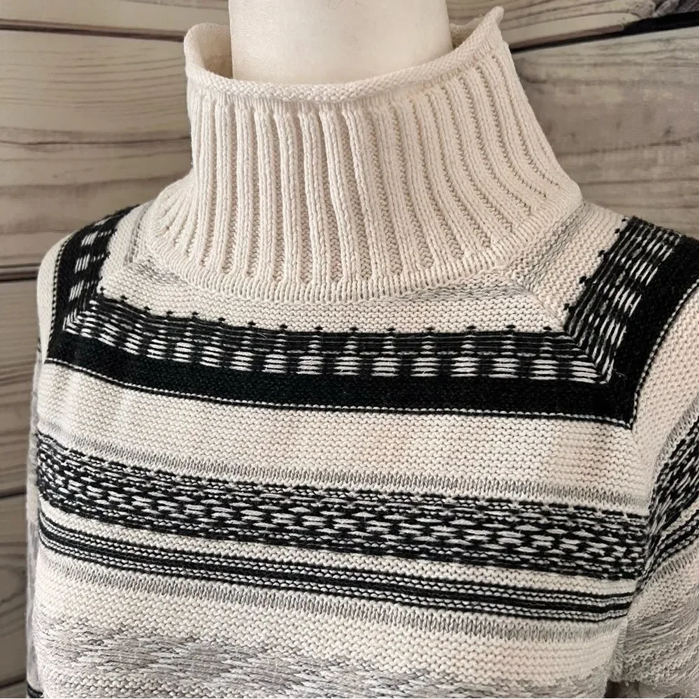 Chaps Ivory & Grey Striped Fair Isle Mock Turtleneck Sweater